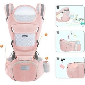 Kiddie Porte-bébé avec assise sur la hanche, position ergonomique en M, convient aux nouveau-nés et aux tout-petits, repose-tête et filet respirant, porte-bébé 6 en 1 ajustable et amovible (3-20 kg) pour maman et papa, rose