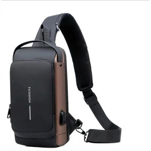 Sac Bandoulière Homme - sacoche Antivol à Code 3 Chiffres + Port USB - Sling Bag Moto Étanché - Noir Marron - sac homme 