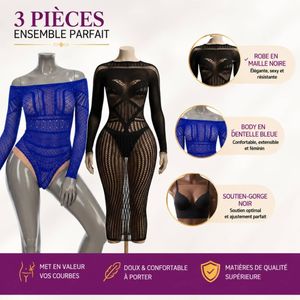 Autre Ensemble 3 Pièces Tendance : Robe en Maille, Body en Dentelle & Soutien-Gorge - Élégant & Sexy