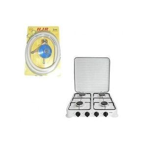 Réchaud Cuisinière De Table 4 Feux Avec Couvercle Strié En Inox + Kit Raccord Et Détenteur De Gaz Blanc