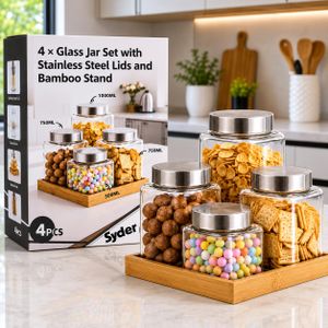 Syder Set de 4 Bocaux de Conservation en Verre avec Couvercles en Acier Inoxydable et Support de Rangement en Bambou – Pots Alimentaires Transparants pour Céréales, Pâtes, Biscuits, Bonbons, Noix et Fruits Secs – Organisateur de Cuisine Moderne et Élégant