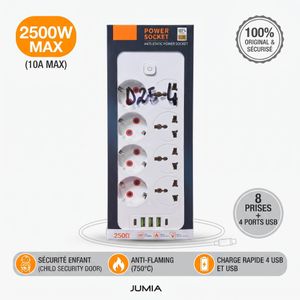 Power Socket - Rallonge Multiprise 8 Prises (4 UE Schuko + 4 Universelles) + 4 Ports USB (D25-4) - Bloc Multi-Prises Anti-Statique 2500W Avec Interrupteur Général