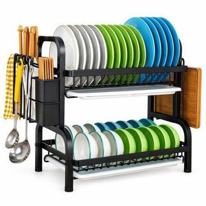 CYFAZA Grand égouttoir à vaisselle pour plan de travail de cuisine à 2 niveaux avec porte-ustensiles, porte-planche à découper, plateau de vidange