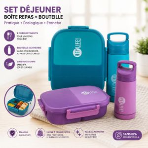 Set Déjeuner – Boîte à Repas 3 Compartiments + Bouteille Isotherme – Lot de 2