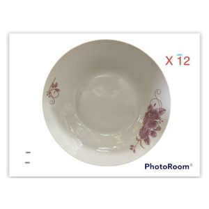Lot De 12 Assiettes Rondes Creuses 100% Porcelaine Fleuries - Multicolore bg