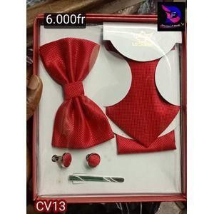 Coffret Accessoires Cravate + Pince + Nœud Papillon + Pochette + Bouton De Manchettes - ROUGE