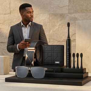 Ensemble Cadeau Premium 4-en-1 pour Hommes – Brosse à Dents Électrique avec 4 Têtes de Rechange, Ceinture Cuir, Portefeuille à Deux Volets, Lunettes de Soleil UV400
