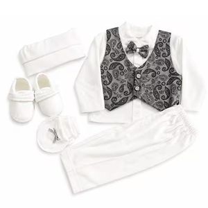 Coffret baptême garçon - Gris à motifs (Gilet, pantalon, bonnet, gants & chaussures) - Gris