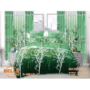 Belle Parure de lit 6 pièces B-565AB-C motif arbres silhouette vert dégradé, 2 draps 240×260cm + 2 taies 60×80cm + 2 rideaux 150×220cm, tissu microfibre décoration chambre complète