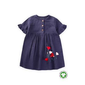 Cigit Robe Bébé Fille en coton bio brodée de fleurs- Bleu marine