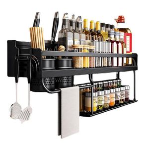 TodyJeyHo Étagère à Épices Murale, Organiseur de Cuisine Polyvalent avec Porte-Utensiles, Organiseur Murale à Suspendre 60cm 19 pour Épices  Noir