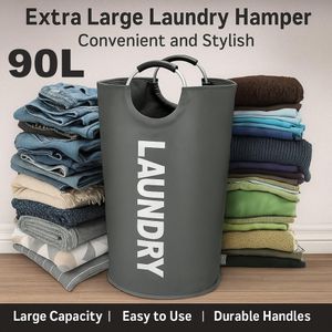 addigoes Panier à Linge 90L, Panier à Linge Étanche, Sac à Linge avec Poignées Rembourrées, Poubelle à Vêtements, Panier Pliable pour un Rangement Facile gris