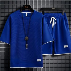 Ensemble T-shirt d'été à manches courtes en maille gaufrée pour hommes et short - Bleu