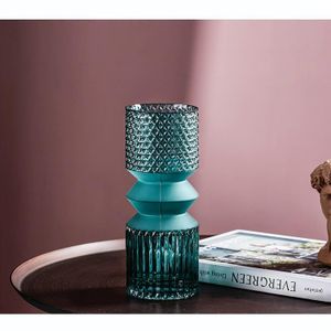 VASE EN VERRE ROND MOTIF DIAMANT BLEU 9X25CM