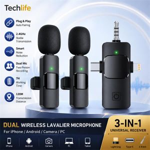 Litglobe Microphone Cravate Sans Fil Double 2,4 GHz Réduction du Bruit Récepteur 3-en-1 Lightning USB Type-C 3,5 mm pour iPhone Android Caméra Streaming Vidéo