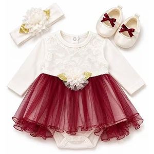 Coffret baptême fillette – En blanc avec rouge (Robe, barboteuse, chaussures & barrette) - Blanc/Rouge