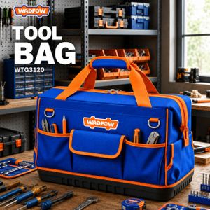 WADFOW Sac Porte-Outils 19", Sac de Rangement Grande Capacité avec Base Rigide et Multiples Compartiments