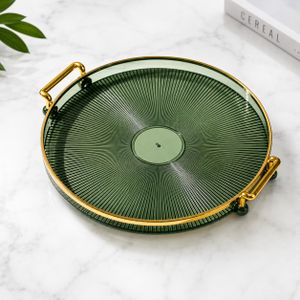 Plateau décoratif rond en verre – Vert & doré