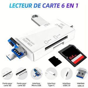 Lecteur de cartes multi-interface 6-en-1 – Universel pour Android, MicroUSB/Type-C/USB, transfert rapide, carte SD/TF portable plug and play