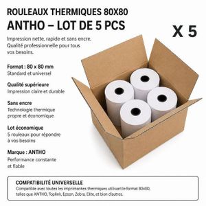 ANTHO Rouleaux Thermiques 80x80 – Qualité Pro - (Lot de 5 pièces) - 80 x 80 - Pour ticket de caisse - reçu