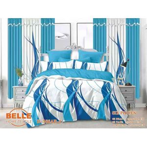 Belle Parure de lit 6 pièces B-566AB-C motif lignes fluides abstraites bleu, 2 draps 240×260cm + 2 taies 60×80cm + 2 rideaux 150×220cm, tissu microfibre décoration chambre complète