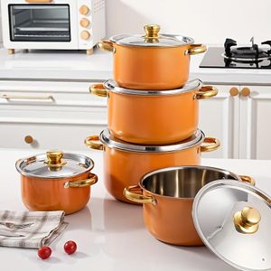 Ensemble de 10 ustensiles de cuisine en acier inoxydable - indispensable pour les plaques à induction, comprenant une casserole, une marmite à ricotta et une cocotte à deux poignées avec couvercle - Orange
