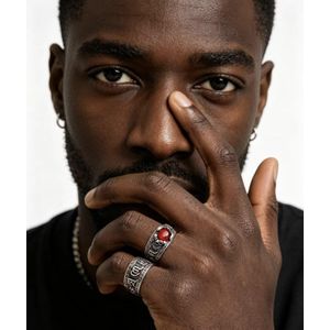 Bague Homme Vintage Pierre Rouge, Style Punk Ethnique Gravée, Bijou Statement