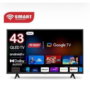 SMART TECHNOLOGY Google TV 43 Pouces" Mini LED/ QLED Android / (STT-4380k) FHD, Wifi, Bluetooth, Apps (Netfl /YouTube /Prime Vidéo / Disney+)-2x HDMI- 2x USB, 2 Télécommande Slim avec Option Vocale- Noir + Support Mural Offert et une Garantie de 12 mois