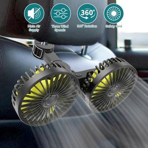 Ventilateur USB pliable pour voiture à deux ou trois têtes, doté de trois vitesses. Les têtes du ventilateur sont orientables sous plusieurs angles et n'obstruent pas la visibilité du conducteur.