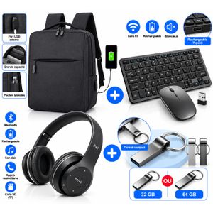 Pack Ordinateur & Bureau – Sac à Dos Noir + Clavier Souris Sans Fil rechargeable Noir + Casque P47 Noir + Clé USB 32go / 64Go