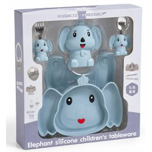 Pack D’Alimentation En Silicone Pour Bébé Et Enfant - Couverts - Assiette Compartimentée - Bavoirs - Gobelet À Bec - Cuillères Et Fourchettes En Forme D’Éléphant – Multicolore