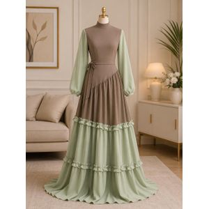 Mode Robe Longue Élégante à Volants – Bicolore Kaki & Vert Sauge