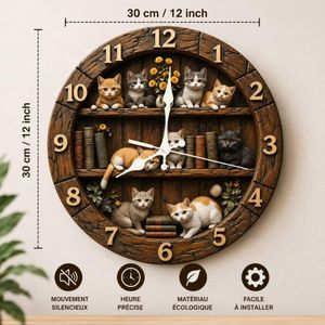 Horloge Murale Silencieuse Motif Chats Et Livres En Bois - 30cm