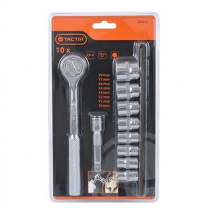 Jeu de Douilles Métriques TACTIX - Acier Chrome Vanadium (CR-V) - Cliquet Réversible 72 Dents - 8 Douilles de 10mm à 19mm - Qualité Industrielle pour Mécanique et Bricolage