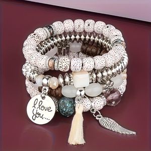 Ensemble de 4 bracelets empilables bohèmes pour femme - Bracelets extensibles à perles style bodhi blanc