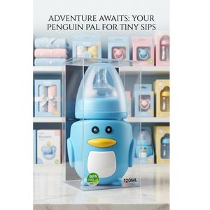 Flacon de Nutrition Ergonomique en Silicone avec Housse Pingouin – 120ml – Sans BPA