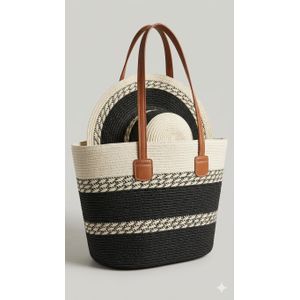 Sacs & Styles Ensemble de Plage Premium - Grand Sacs Fourre-tout en Paille Tressée Bicolore & Chapeau Capeline Assorti - Style Élégant & Doublure Zippée