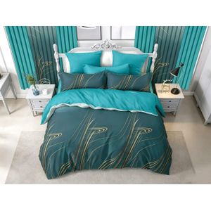 Belle Parure de Lit 3 Places 6 PiècesDraps de Lit 3 places, 2 Draps-240×260cm 2 taies-60×80cm 2 Rideaux-150×220cm -Turquoise et bleu canard, motifs dorés