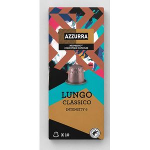 Pack 10 capsules aluminium de café AZZURA, Lungo Classico, intensity 6, . Compatible machine Nespresso. Café  arabica torréfié et moulu en capsule.