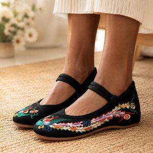SHJO Chaussures Femme Toile Brodée Souple Respirante Style Ethnique Ballerine Noir