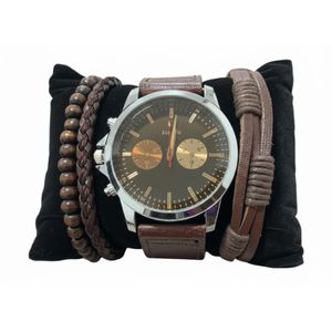 Montre Homme Cadran Noir Style Chrono - Bracelet Matière Synthétique Marron