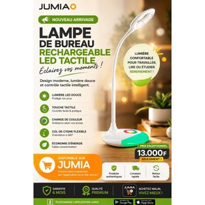 Oraimo Lampe de Bureau Rechargeable LED Tactile - Lampe de Chevet 3 Couleurs, Col Flexible 360°, Protection Yeux - Blanc