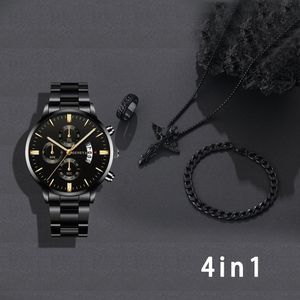 Coffret cadeau 4 en 1 homme : montre à quartz chronographe avec collier croix, bracelet cubain et bague, ensemble montre mode affaires à bracelet acier noir