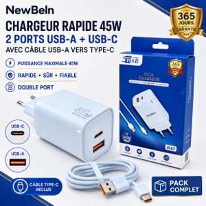 NewBeln Chargeur Rapide USB&TypeC 2in1 45W Bleu Avec Câble Pour Samsung Xiaomi Tecno Infinix