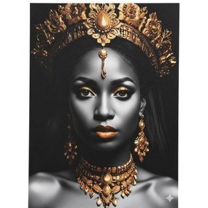 Tableau reine africaine, Toile femme noire couronne, Portrait noir et or luxe, Cadre deco moderne salon, Peinture deesse africaine dore, Toile art afro chic contemporain, Tableau prestige de luxe, Decoration murale portrait premium.