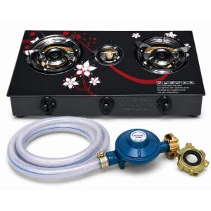 Ilux Cuisinière à Gaz - Allumage Automatique - Réchaud Vitré - LXG-8413- 3 Feux - Noir + Raccord