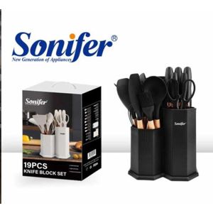 Couteaux en Acier Carbone & Ustensiles en Silicone Premium + Bloc de Rangement