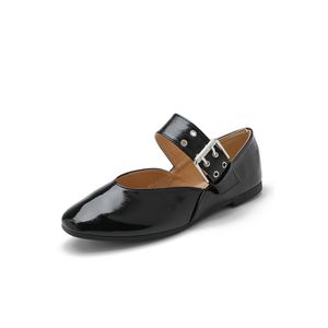 Ballerines Mary Jane Vernies à Large Bride et Boucle Argentée – Noir Brillant