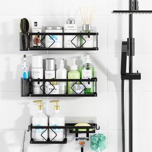 Étagère de rangement murale en fer à 3 niveaux, sans perforation, pour salle de bain - Noir