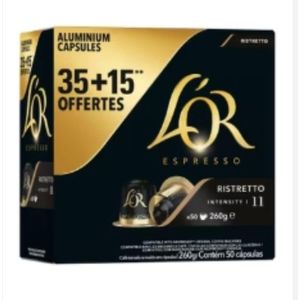 Café L'OR espresso, 50 capsules Espresso RISTRETTO  Intensité 11 intense et fruité.  Compatibles Nespresso. caractérisée par un arôme puissant, une fine couche de crème dorée et un flair irrésistible. Importé de France